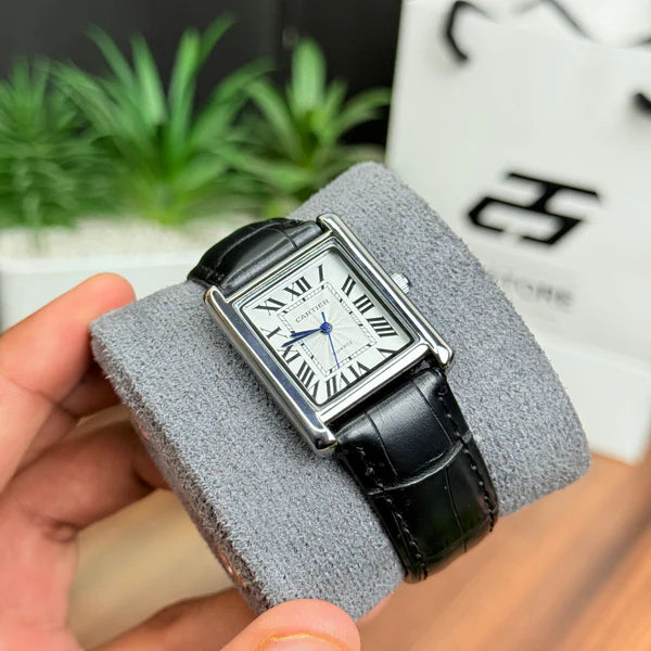 Cartier Tank black with white and brown dial